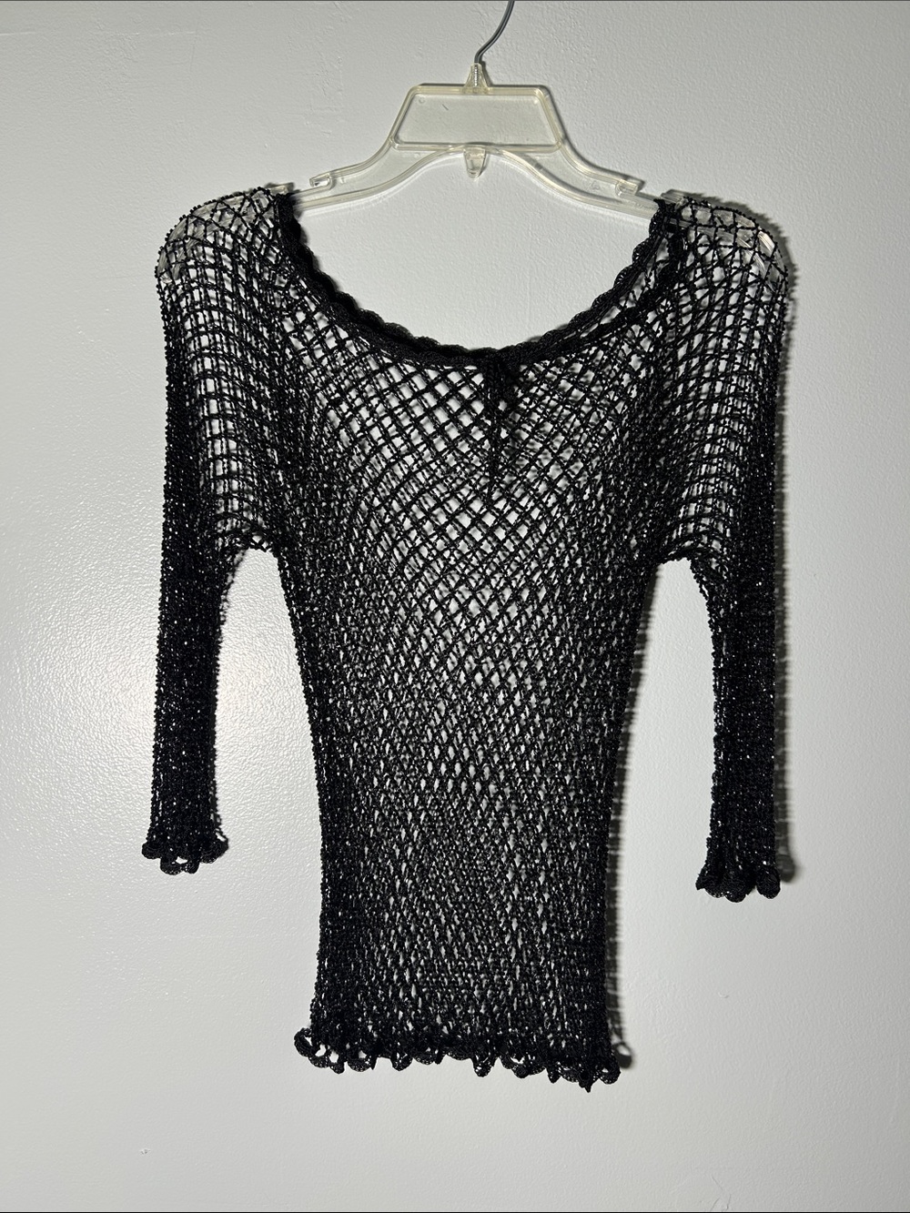 Y2K Beaded Black Crochet Mesh Long Sleeve Top Vintage Rave Wear